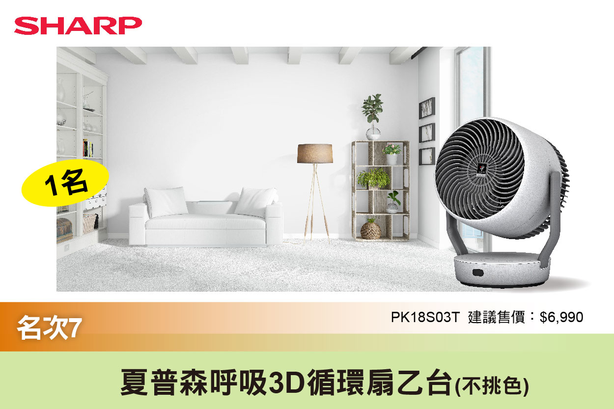 第7名：夏普 森呼吸3D循環扇-PK18S03T(不挑色)